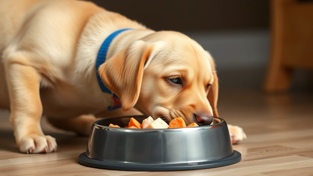 Labrador puppy eating from food bowl containing safe dog treats like carrots and plain chicken pieces, happy healthy dog eating