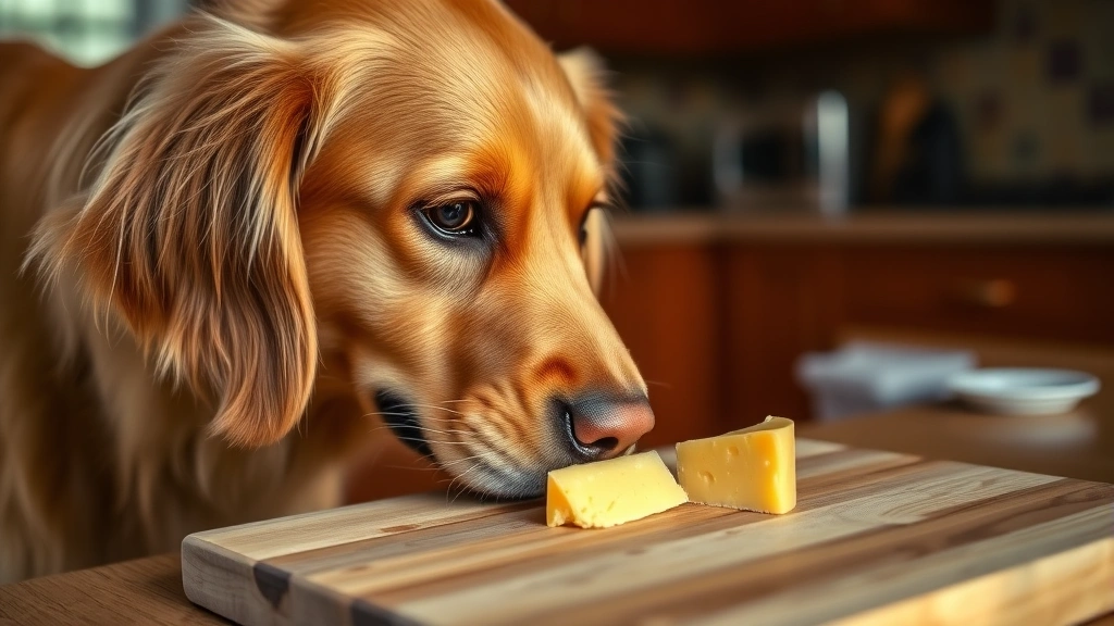 Golden retriever sniffing a small piece of aged gouda cheese on a wooden cutting board, warm kitchen lighting, curious expression, cheese in sharp focus