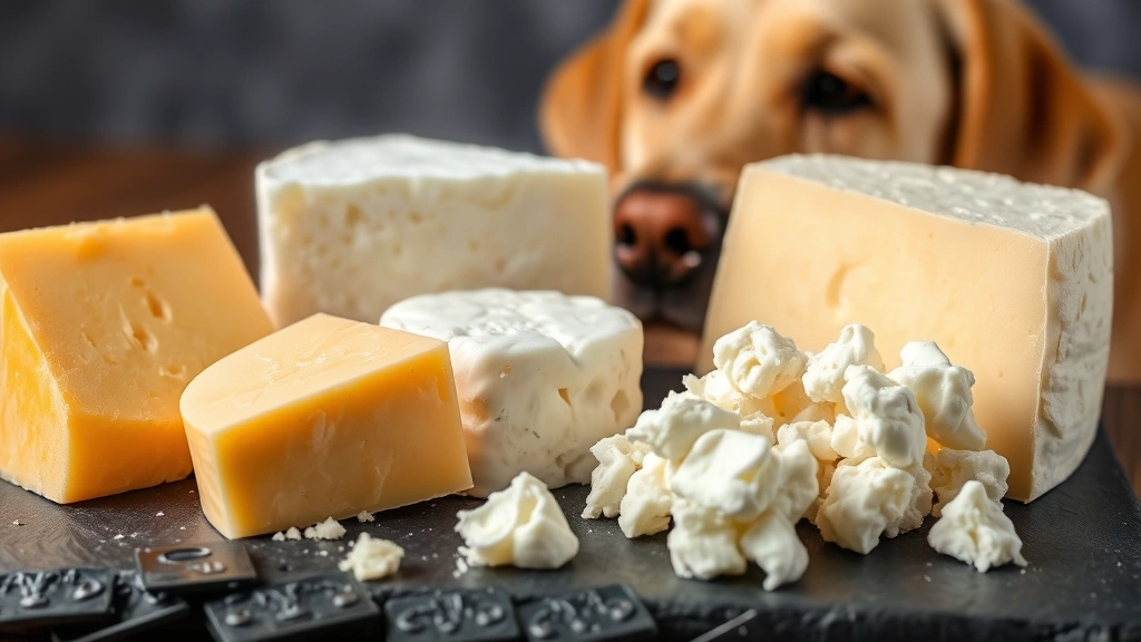 Close-up of various cheese types arranged on a slate board including gouda, mozzarella, and cottage cheese, with a healthy golden Labrador watching from background