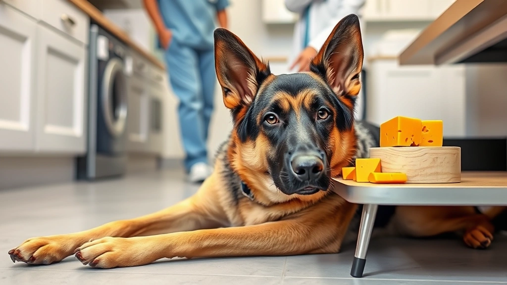 German Shepherd lying on kitchen floor with concerned expression, veterinarian pointing to cheese on counter, professional clinical setting, educational moment