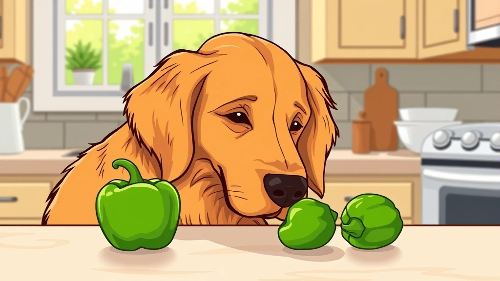 can dogs eat green peppers - A golden retriever sniffing at a fresh green bell pepper on a kitchen counter, n