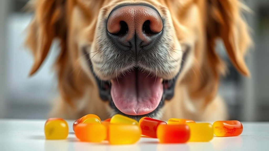 Close-up of a golden retriever's curious face looking at colorful gummy candies on a white surface, shallow depth of field, natural lighting, dog's tongue slightly out in interest