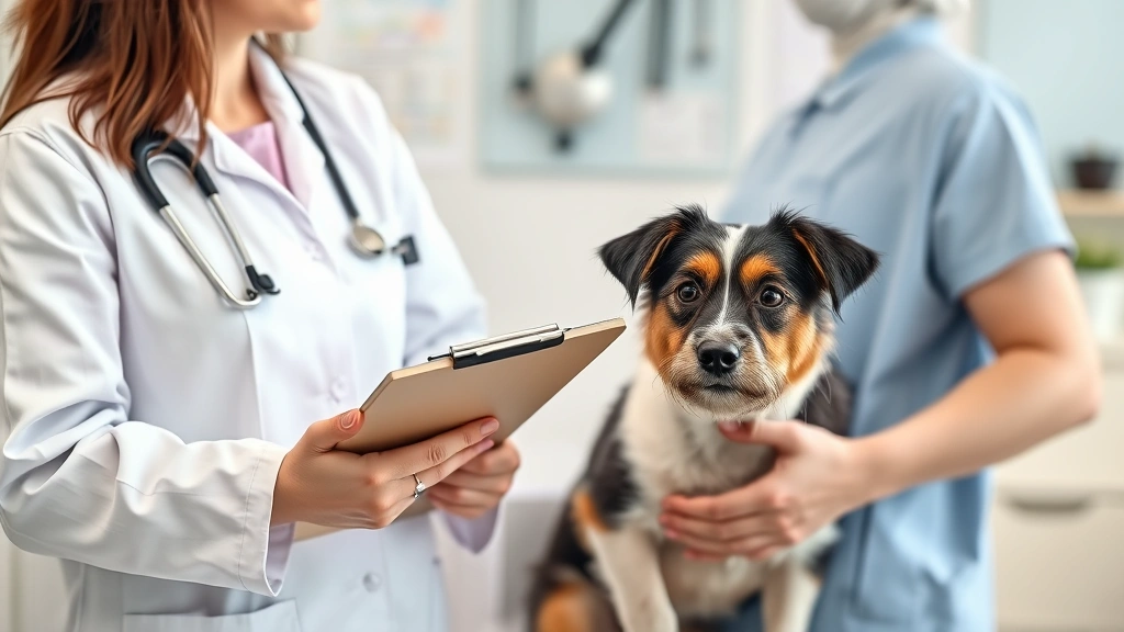 Veterinarian in white coat holding a clipboard discussing dog health with concerned pet owner holding small mixed breed dog in clinic setting, professional environment
