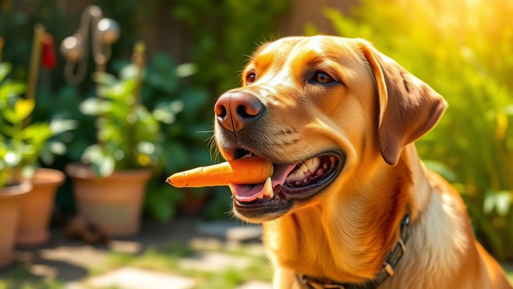 Happy labrador retriever enjoying safe carrot stick treat outdoors in sunny garden, dog's expression of contentment, natural daylight, healthy alternative to gummies