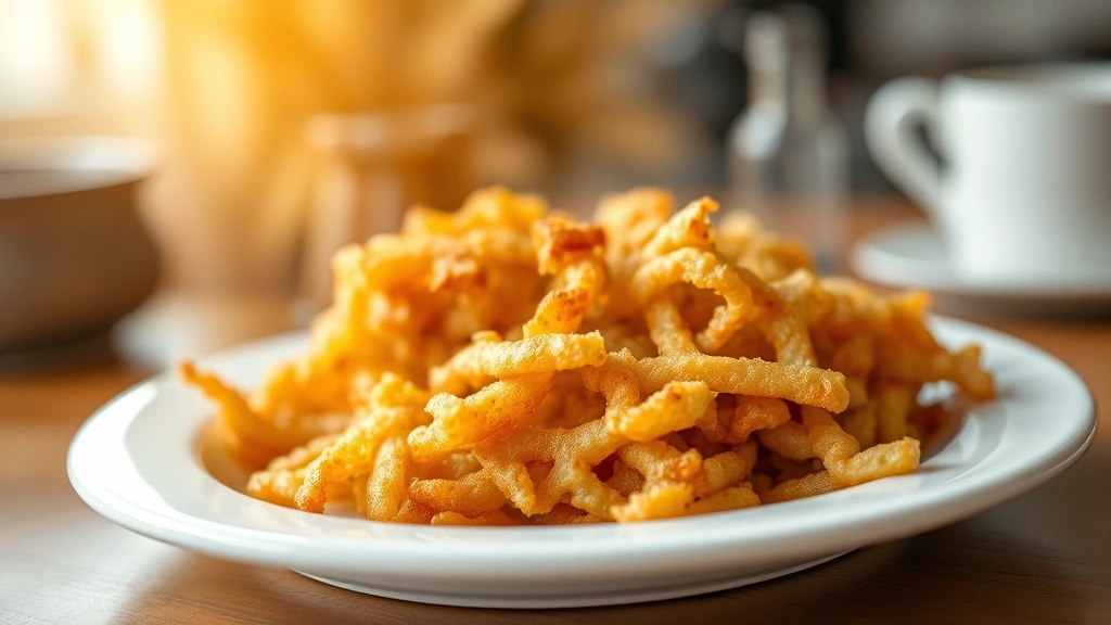 Golden crispy hash browns on a white plate with steam rising, shallow depth of field, warm breakfast lighting, no text or labels visible