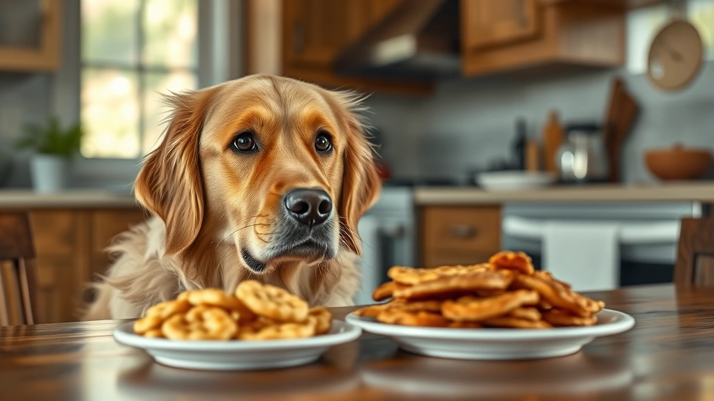 Golden retriever looking at hash browns on table with concerned expression, indoor kitchen setting, natural daylight, photorealistic
