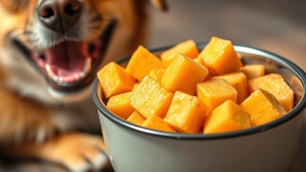 Close-up of plain cooked sweet potato cubes in a dog bowl next to a happy dog's face, warm natural lighting, healthy dog food presentation