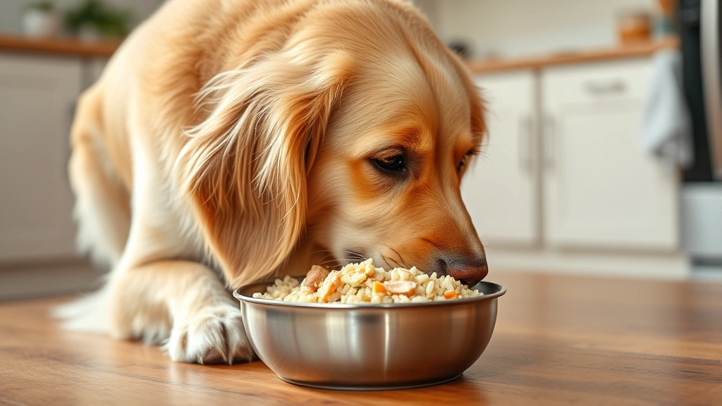 Golden Retriever carefully eating from a bowl of cooled dog-safe chicken and rice, warm steam no longer visible, comfortable home kitchen setting