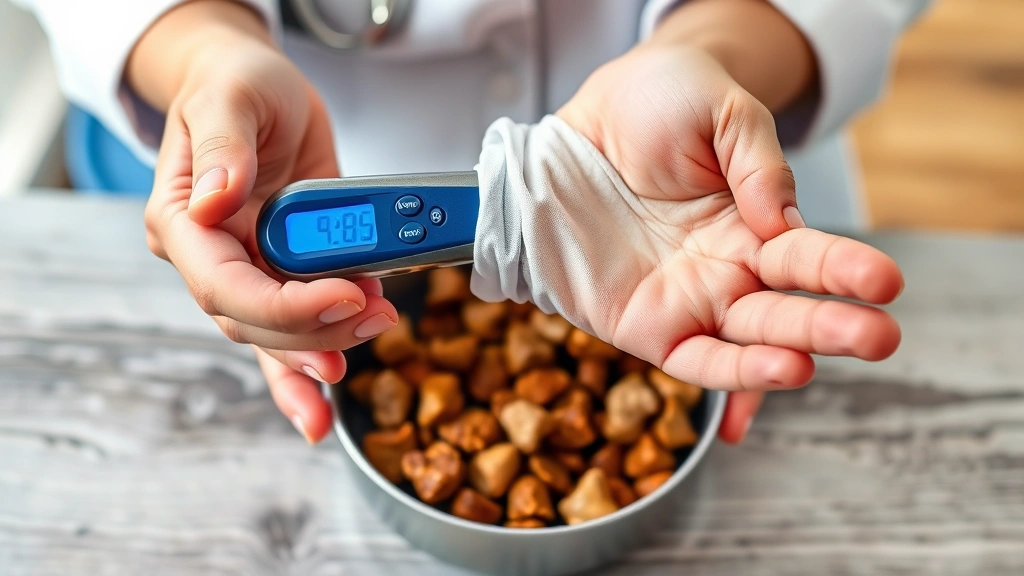 Veterinarian's hands demonstrating wrist temperature test over a bowl of dog food, showing proper method for checking if food is safe for pets