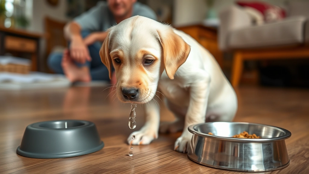 Labrador puppy with water bowl nearby, showing proper hydration and food safety setup, attentive owner in background, natural home environment