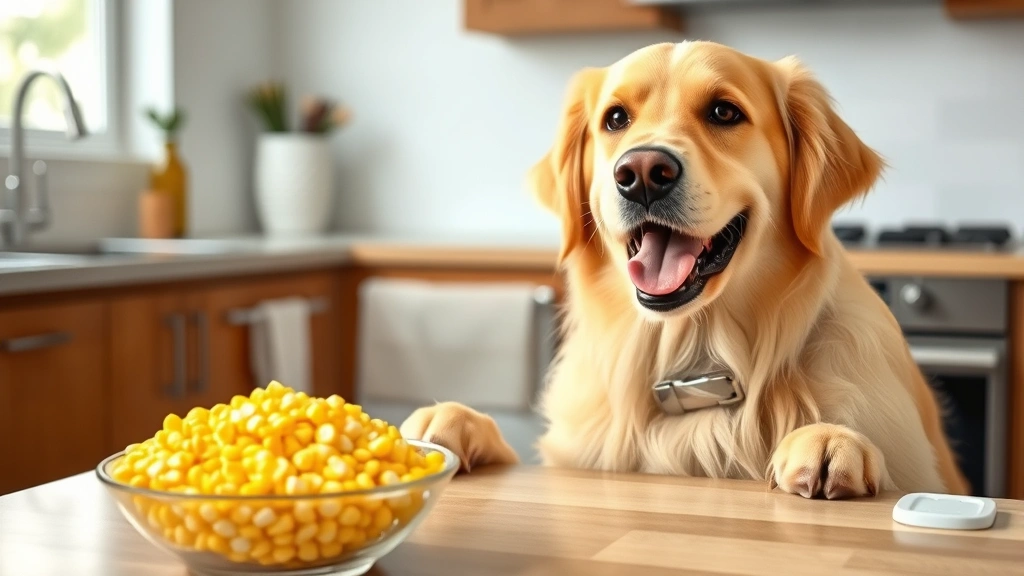can dogs eat maize - A cheerful Golden Retriever looking at a bowl of fresh corn kernels on a kitchen