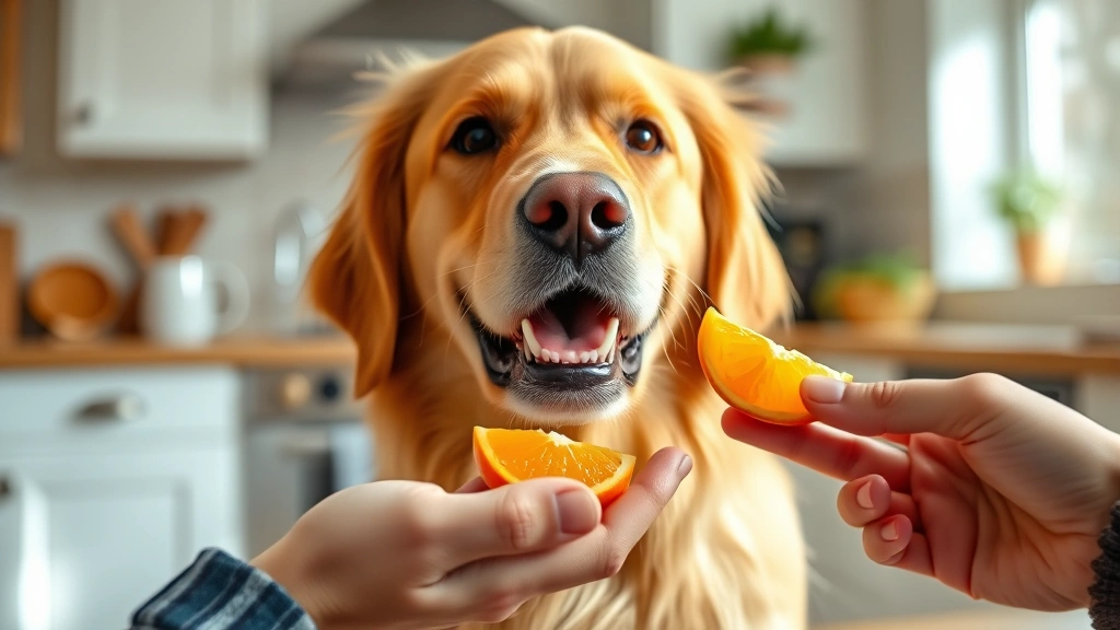 Golden Retriever happily eating small mandarin orange segments from owner's hand in bright kitchen setting, focused on dog's expression and food details