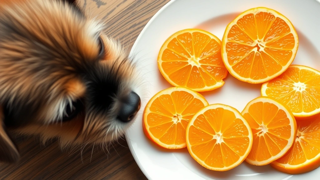 Close-up of freshly peeled mandarin orange segments arranged on white plate next to small dog looking at treat with interest