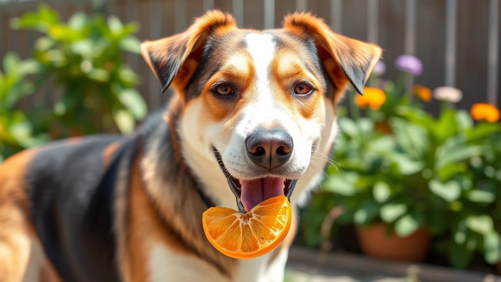 Happy medium-sized mixed breed dog chewing on appropriate-sized mandarin segment outdoors in sunny garden, showing safe preparation and portion size