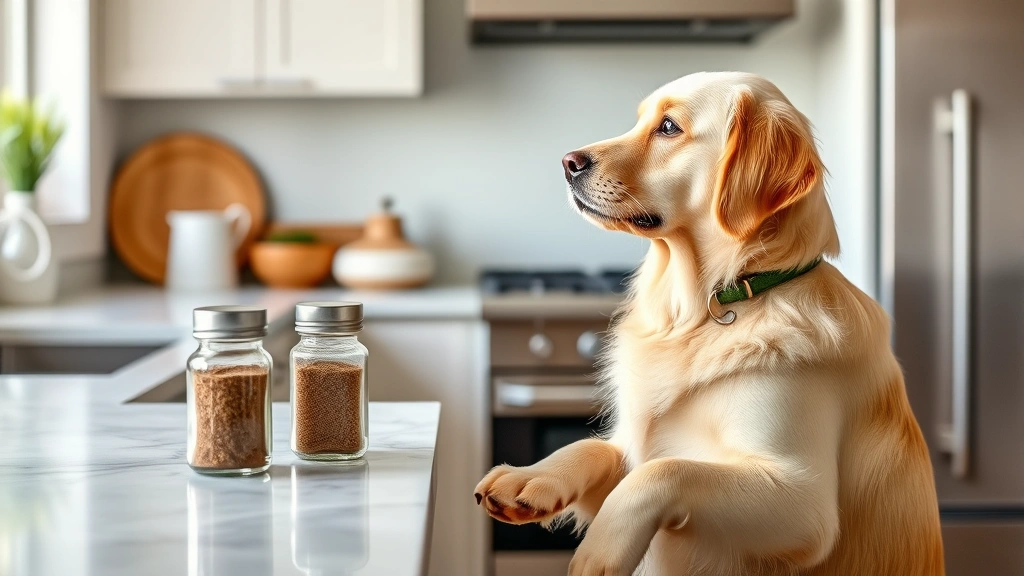 Golden Retriever standing on hind legs looking at nutmeg spice jar on kitchen counter, curious expression, modern kitchen background, natural lighting