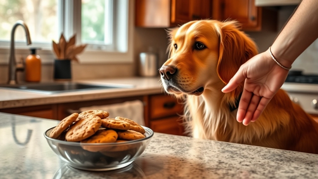 Golden Retriever looking away from a bowl of spiced cookies on a kitchen counter, concerned owner hand reaching toward dog, warm kitchen lighting