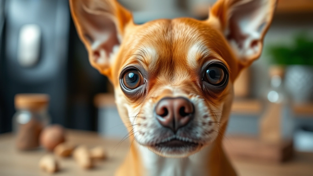 Close-up of small brown Chihuahua's worried face with dilated pupils, blurred nutmeg spice jar and kitchen background, shallow depth of field