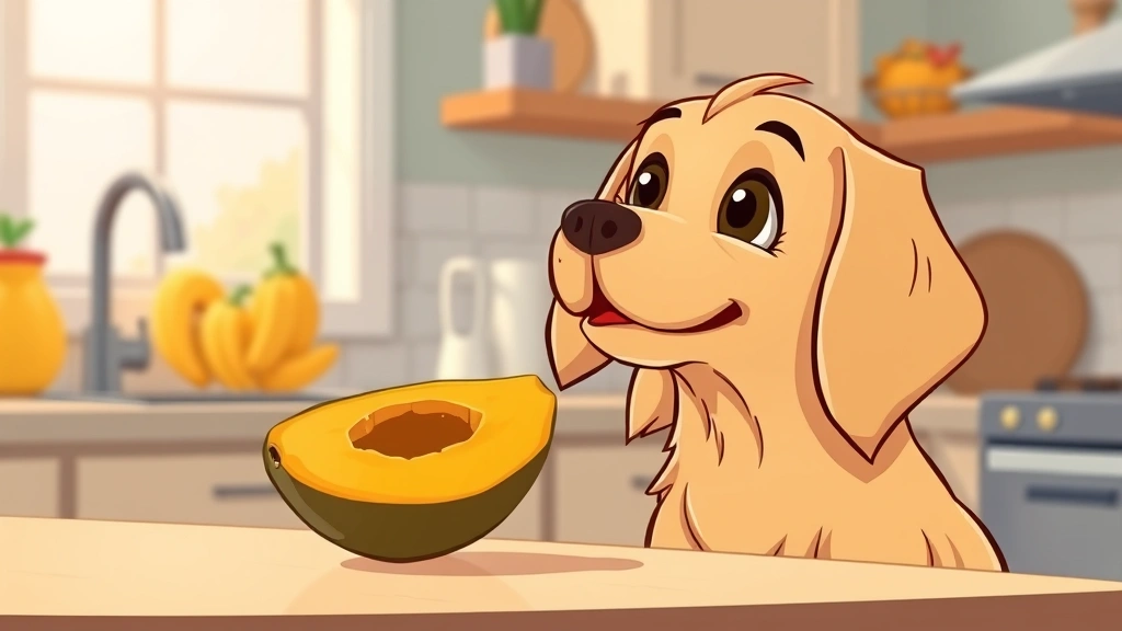 can dogs eat papaya - A cartoon golden retriever looking up eagerly at a halved papaya on a kitchen co