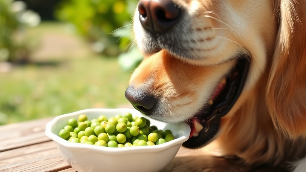 Golden retriever happily eating fresh green peas from a white ceramic bowl, close-up of dog's face with peas visible, natural sunlight, outdoor garden setting