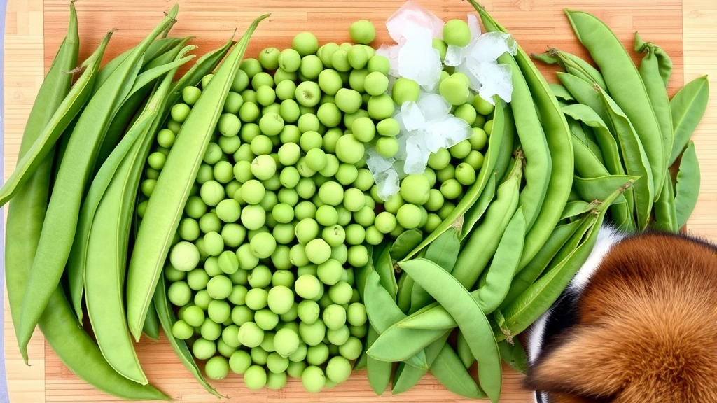 Various types of peas displayed together: fresh garden peas in pod, frozen peas on ice, snow peas, and sugar snap peas arranged on wooden cutting board with dog nearby