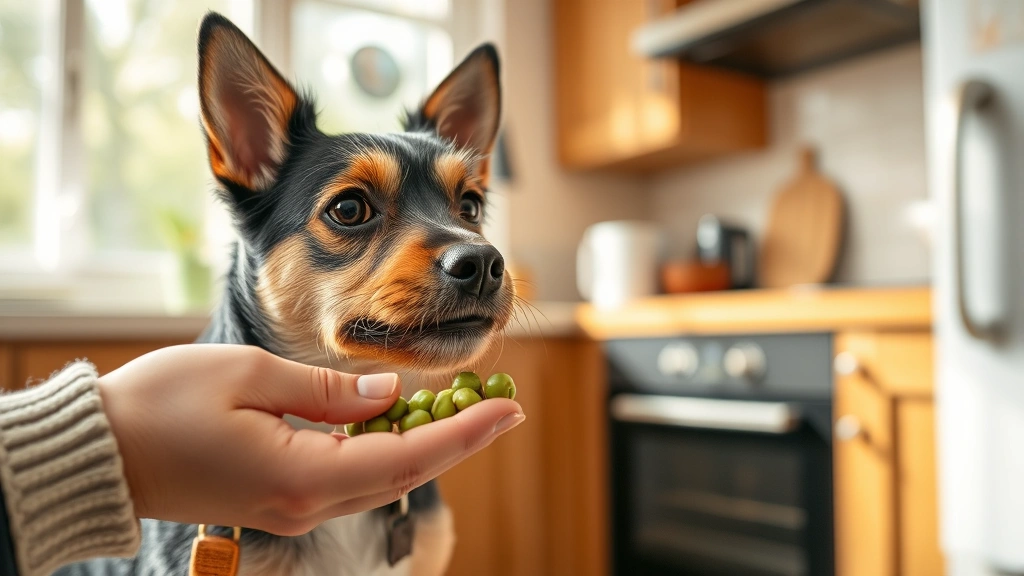 Small terrier dog being offered cooked peas as training treat from owner's hand, indoor kitchen setting, warm natural lighting, dog's expression showing interest