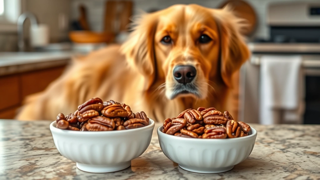 can dogs eat pecans - A golden retriever looking at a bowl of pecans on a kitchen counter
