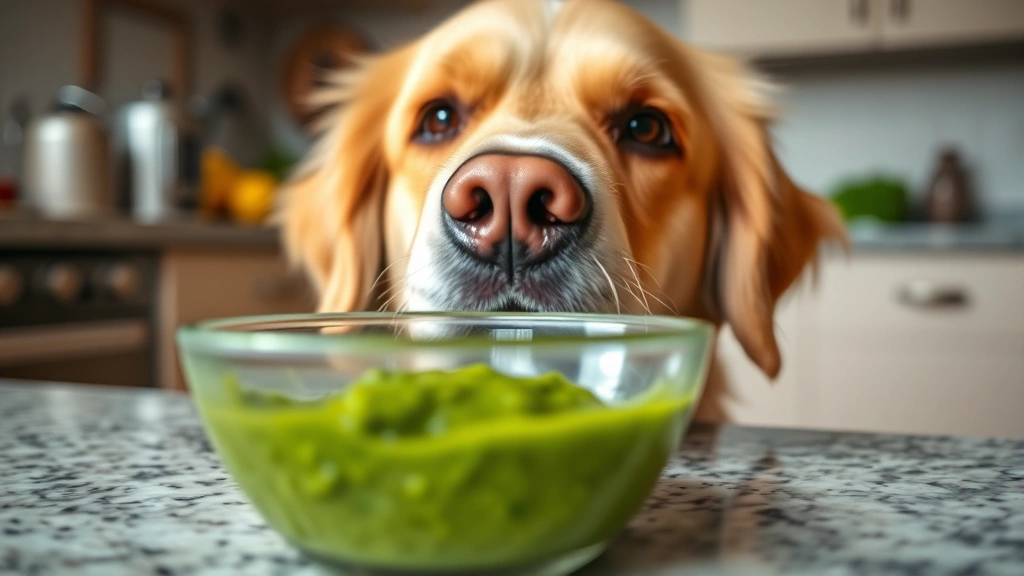 Close-up of a golden retriever looking at a bowl of green pesto sauce on a kitchen counter, curious but wary expression, natural lighting
