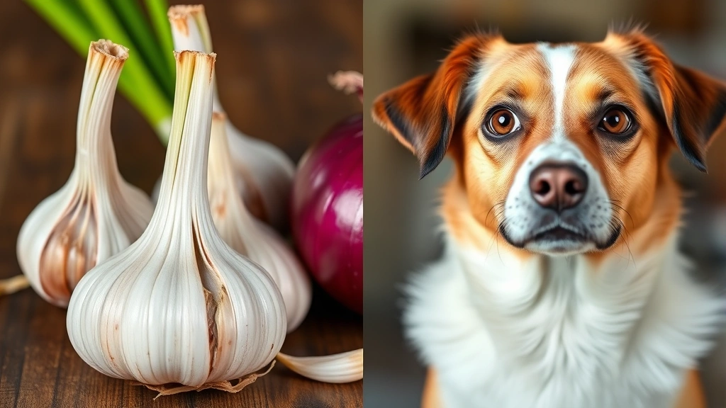 Split-screen comparison: left side shows fresh garlic cloves and red onion, right side shows a healthy dog with bright alert eyes, professional veterinary education style