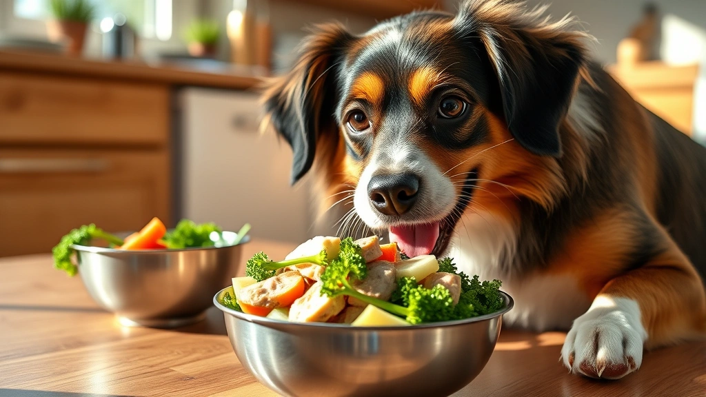 Happy medium-sized dog eating from a bowl of safe homemade dog food topper with steamed vegetables and plain chicken, sunny kitchen setting