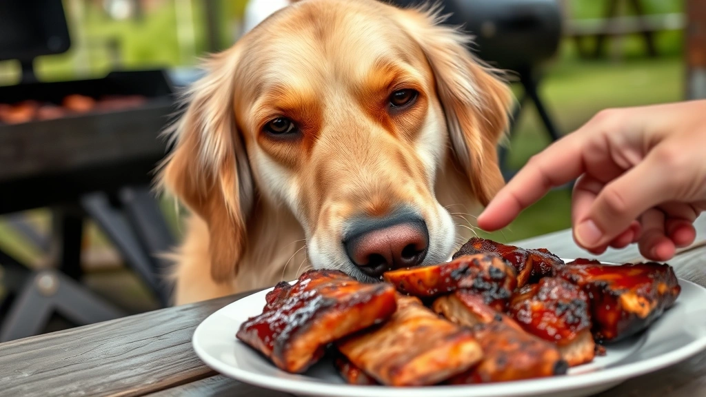 Close-up of a golden retriever's face looking at a plate of cooked pork ribs on a picnic table, with a concerned owner's hand gently redirecting the dog's attention away from the food, outdoor barbecue setting