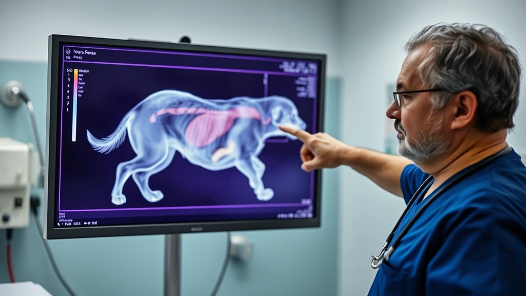 Veterinary ultrasound or x-ray visualization displayed on a monitor showing intestinal blockage in a dog's abdomen, with a serious veterinarian in scrubs pointing at the screen, clinical veterinary hospital background