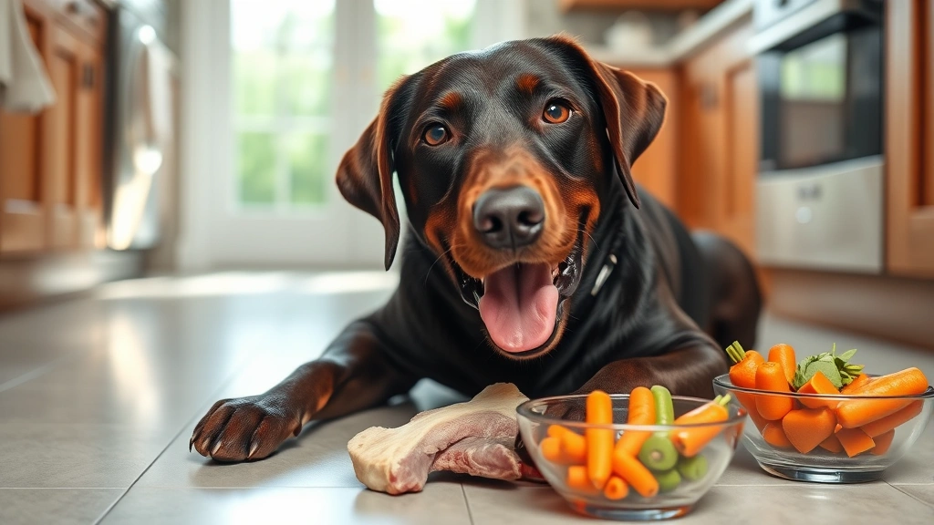 Happy labrador retriever enjoying a safe boneless pork treat on a kitchen floor, with fresh carrots and dog-safe vegetables in bowls nearby, bright natural lighting from kitchen window