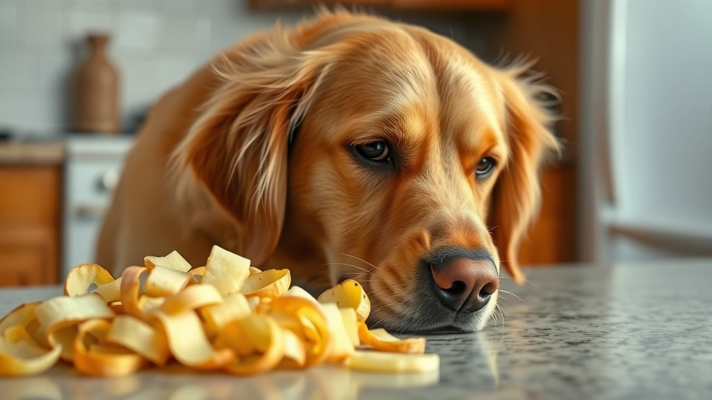 Golden retriever sniffing away from a pile of raw potato peels on a kitchen counter, protective gesture, close-up shot of dog's face with concerned expression