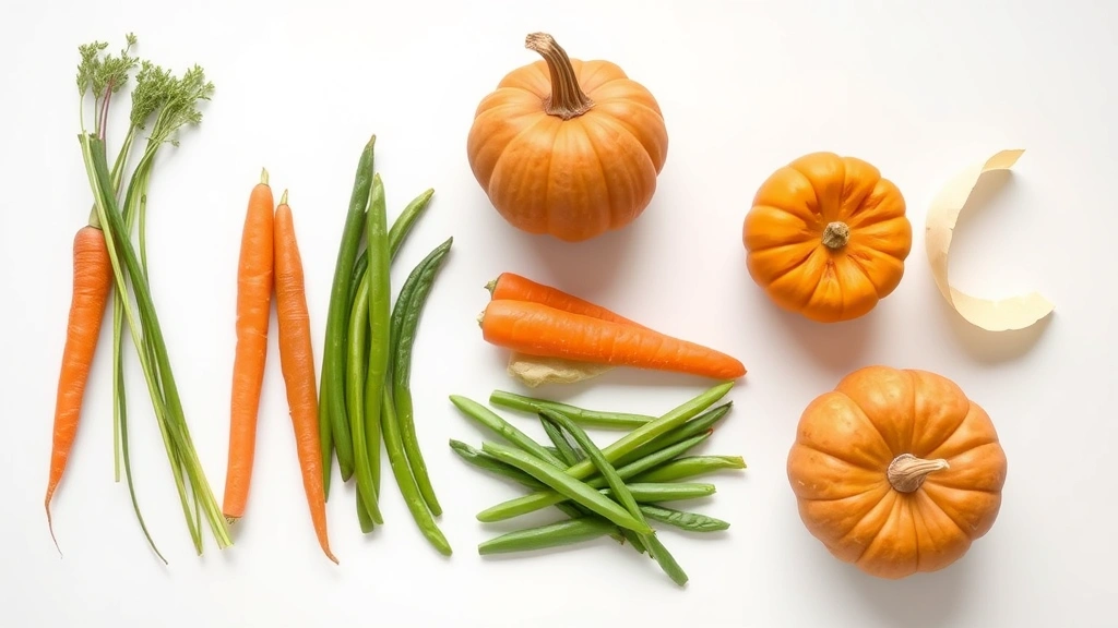 Flat lay of safe dog vegetables including carrots, green beans, and pumpkin arranged on white surface next to a crossed-out potato peel