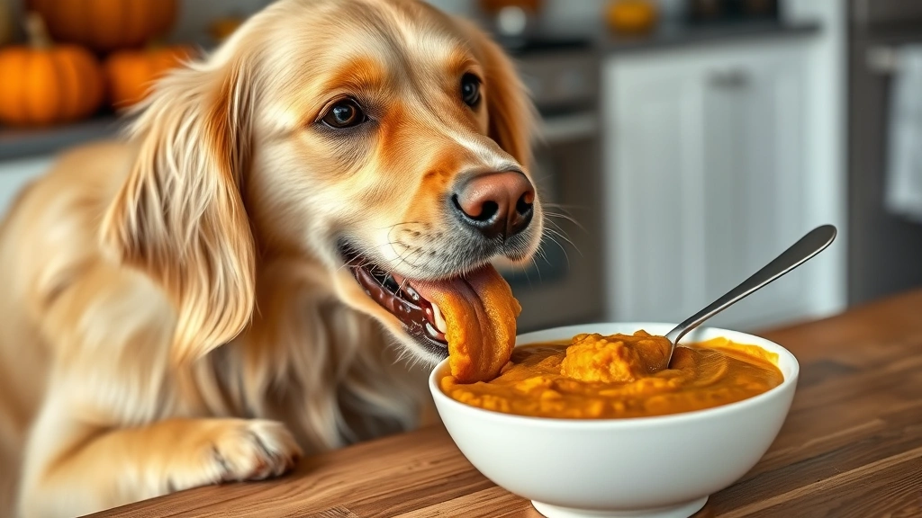 Golden retriever enthusiastically eating a bowl of cooked pumpkin puree with a spoon visible, autumn kitchen background with fresh pumpkins