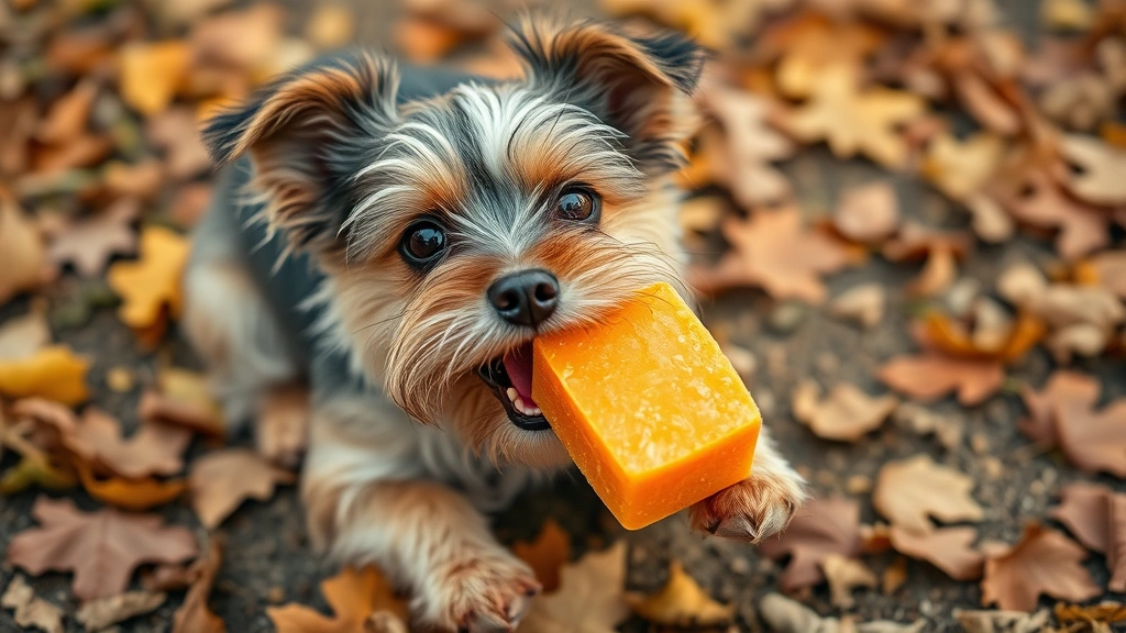 Small terrier dog happily crunching on a frozen pumpkin cube treat, outdoor autumn setting with fallen leaves