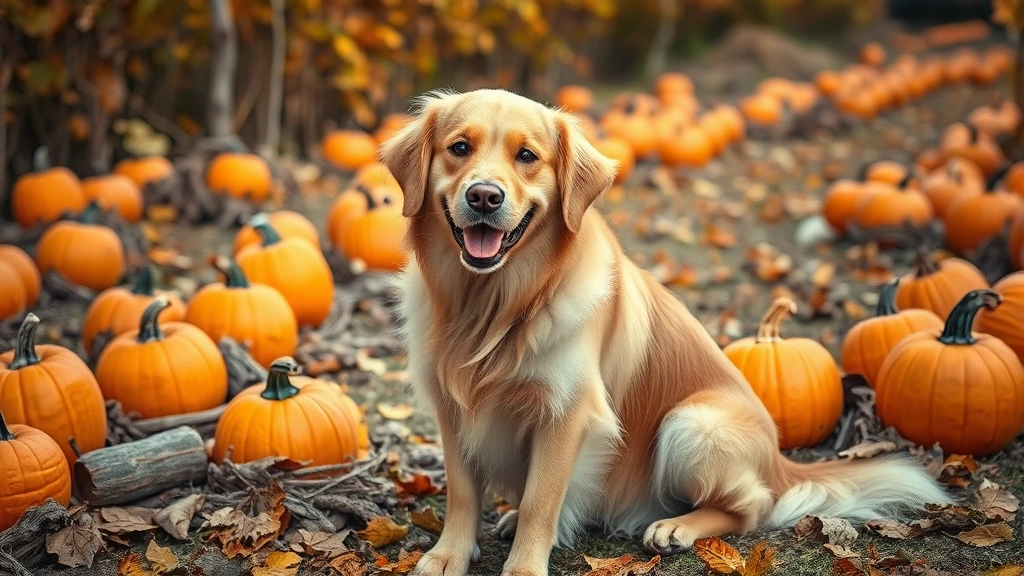 can dogs eat pumpkin seeds - A happy golden retriever sitting outdoors in a pumpkin patch during autumn, surr