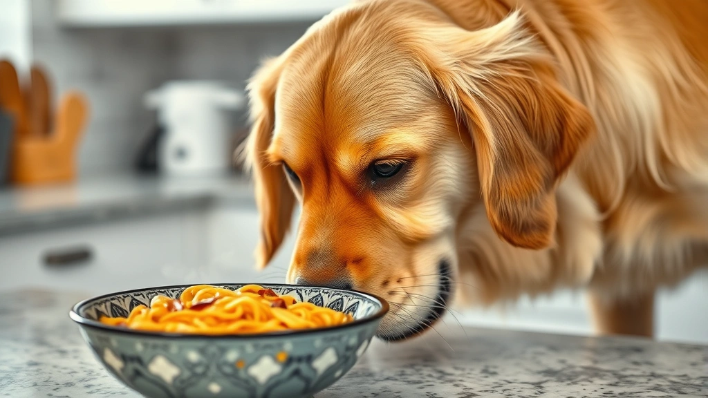 Golden retriever sniffing at a bowl of steaming ramen noodles on a kitchen counter, curious expression, realistic lighting, close-up shot