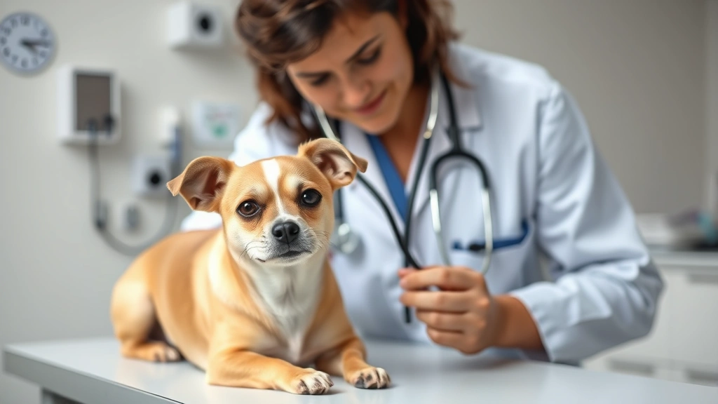 Veterinarian examining a small dog on examination table with stethoscope, professional clinic setting, concerned but caring expression, detailed medical environment