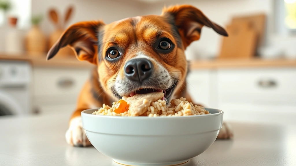 Healthy dog eating from a bowl of plain chicken and rice, happy satisfied expression, bright natural kitchen lighting, wholesome homemade meal alternative