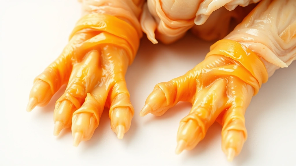 Close-up of raw chicken feet showing natural texture and collagen-rich cartilage, golden-yellow color, arranged on clean white surface with fresh appearance