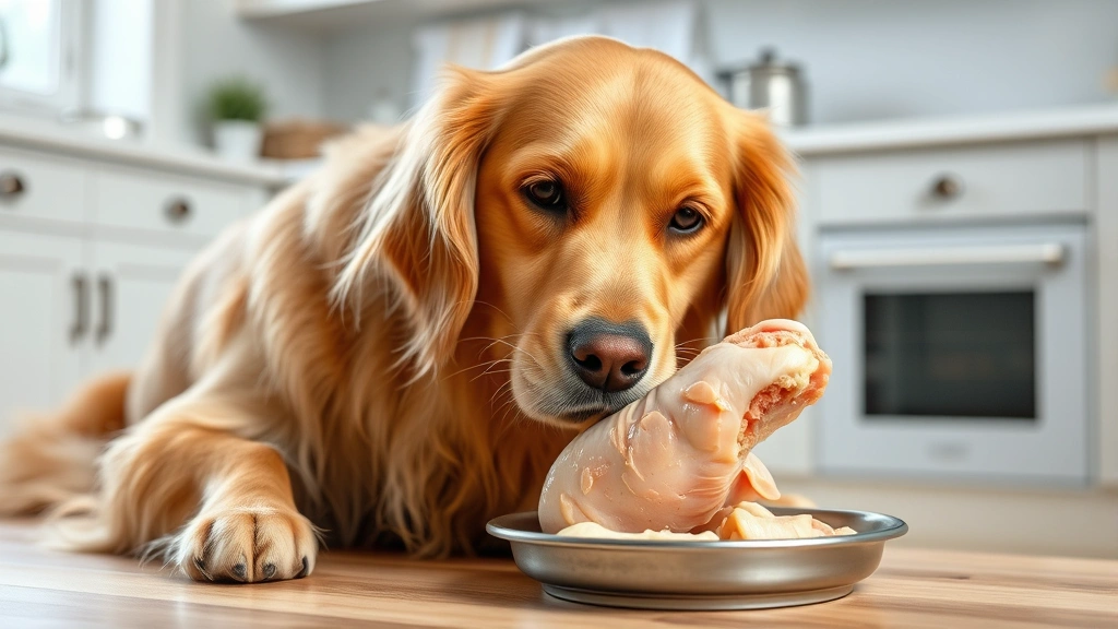 Golden retriever carefully examining raw chicken foot during supervised mealtime, focused expression, bright kitchen background with clean preparation area