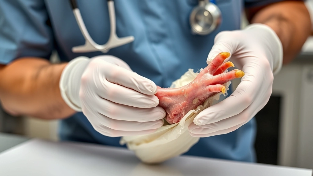 Veterinarian wearing gloves demonstrating proper raw chicken foot handling technique, showing trimmed toenails and clean preparation method in clinical setting