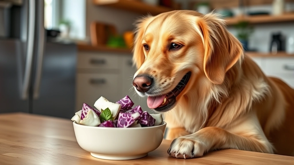 Happy golden retriever eating fresh red cabbage pieces from a ceramic bowl, indoor kitchen setting, natural lighting, dog focused and content