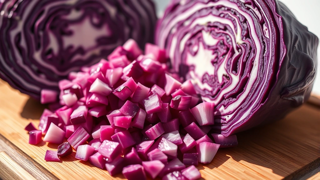 Close-up of chopped raw red cabbage on wooden cutting board next to whole red cabbage head, bright daylight, fresh vegetable preparation scene
