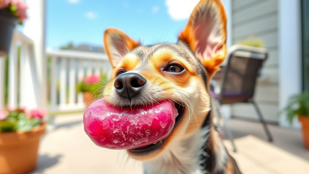 Small terrier dog enjoying frozen red cabbage treat on outdoor patio, summer day, playful expression, treat held in dog's mouth