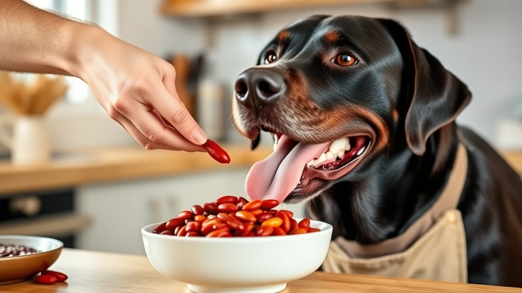 Happy Labrador with tongue out being hand-fed a single cooked red kidney bean by owner wearing apron, bright kitchen background