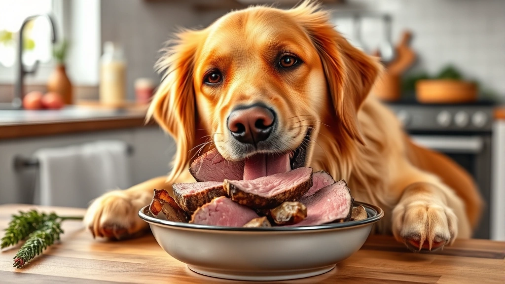 Golden Retriever happily eating plain roast beef from a bowl, well-lit kitchen background, professional food photography style