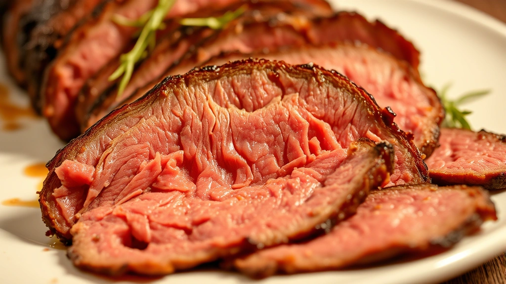 Close-up of sliced cooked roast beef on a white plate, showing tender meat texture, warm lighting, appetizing presentation