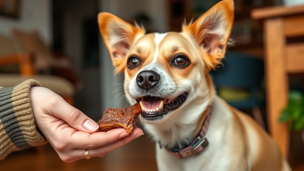 Small dog receiving roast beef treat from owner's hand, happy expression, indoor home setting, natural daylight